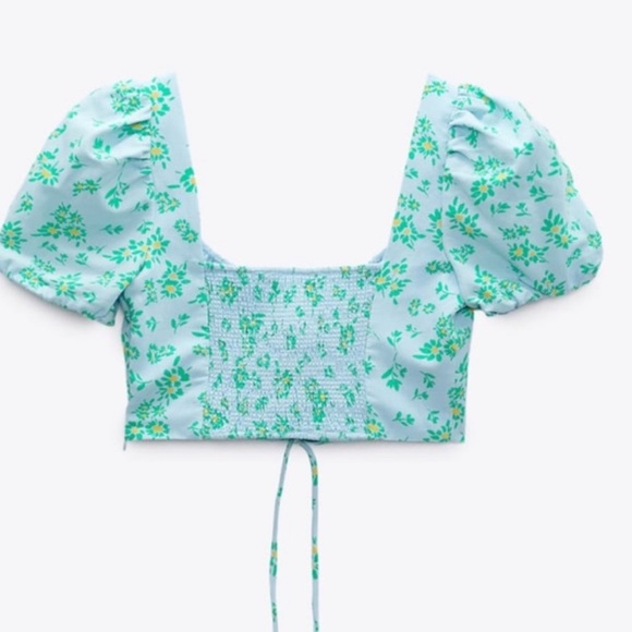 NWT Zara Floral Linen Blend Puff Sleeve Crop Top S - Picture 4 of 14